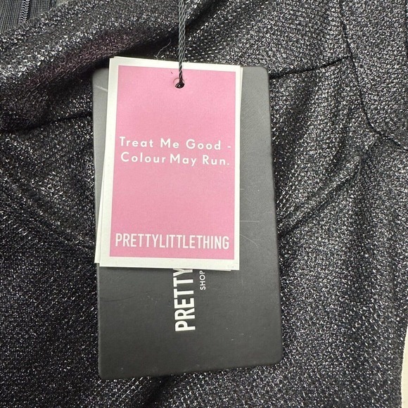 PrettyLittleThing Black Glitter Ruched Puff Sleeve Cup Detail Bodycon Dress 4 - Picture 6 of 6